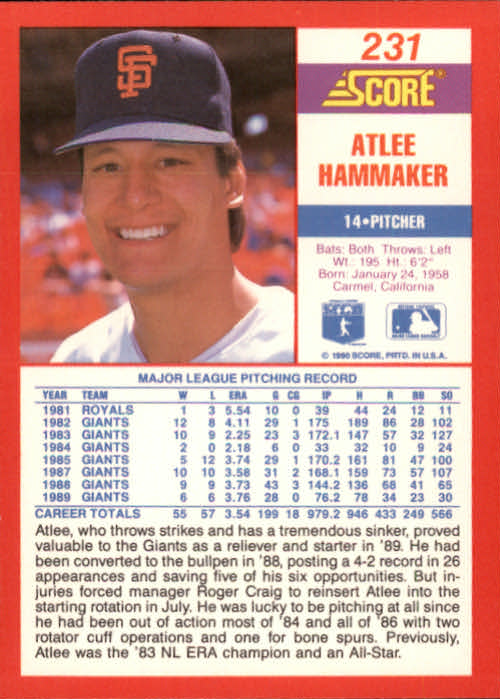 1990 Score #231 Atlee Hammaker back image