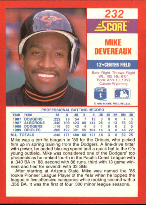 1990 Score #232A Mike Devereaux ERR/RF on front back image