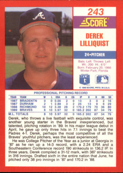 1990 Score #243 Derek Lilliquist back image