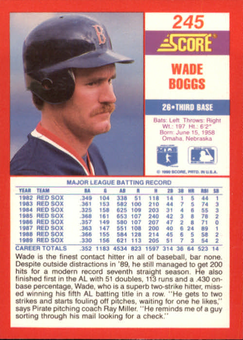 1990 Score #245 Wade Boggs back image