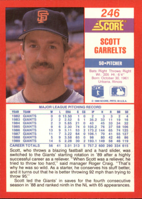 1990 Score #246 Scott Garrelts/Should say Relief/Pitcher on front back image