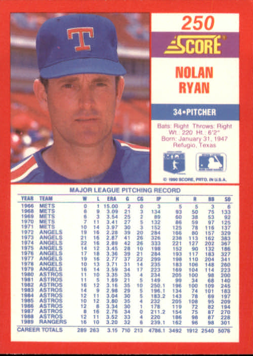 1990 Score #250 Nolan Ryan back image