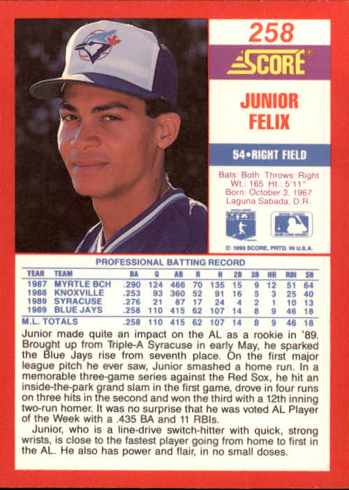 1990 Score #258 Junior Felix back image