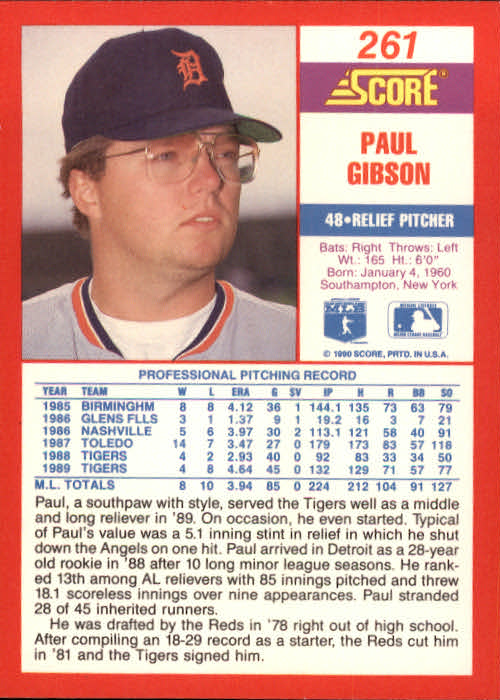 1990 Score #261 Paul Gibson back image