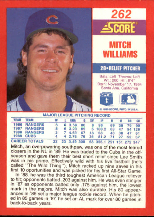 1990 Score #262 Mitch Williams back image
