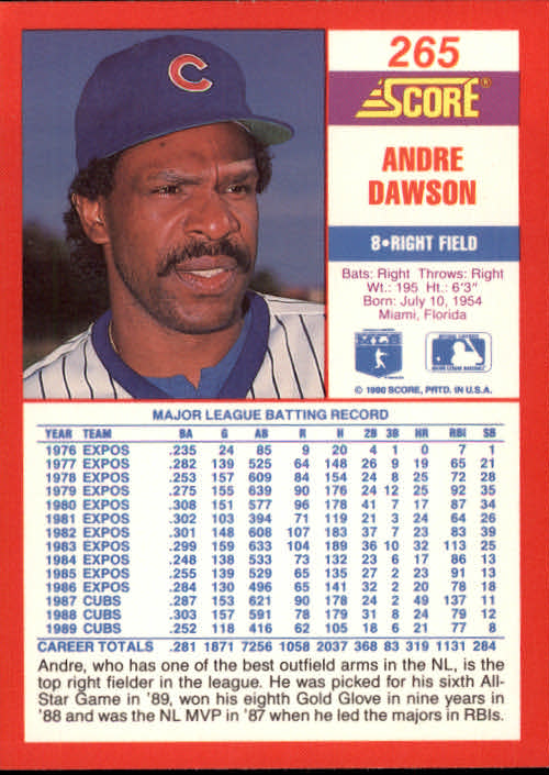 1990 Score #265 Andre Dawson back image
