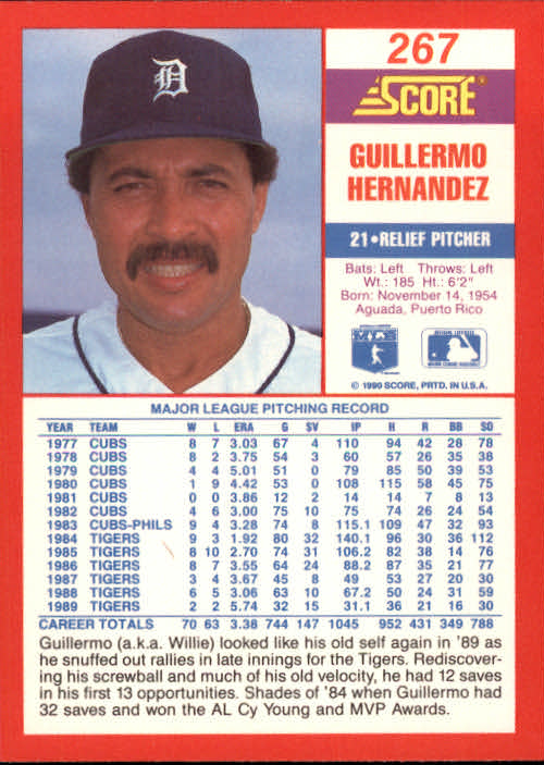 1990 Score #267 Guillermo Hernandez back image