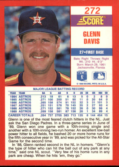 1990 Score #272 Glenn Davis back image
