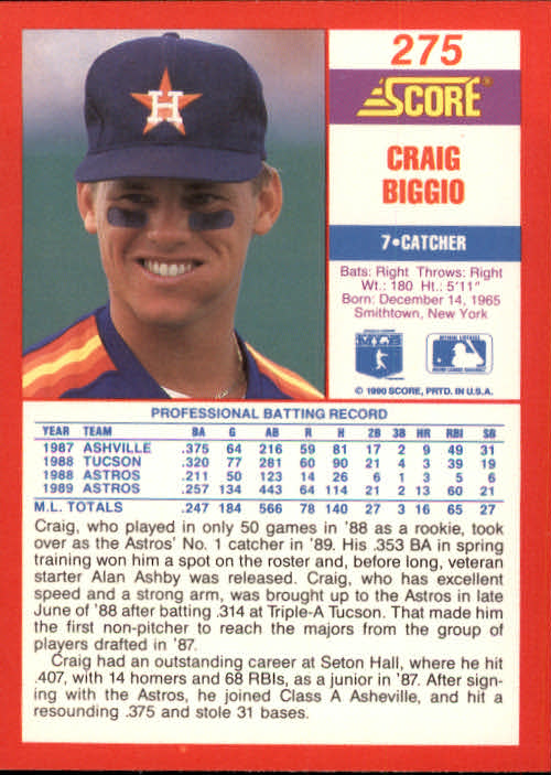 1990 Score #275 Craig Biggio back image