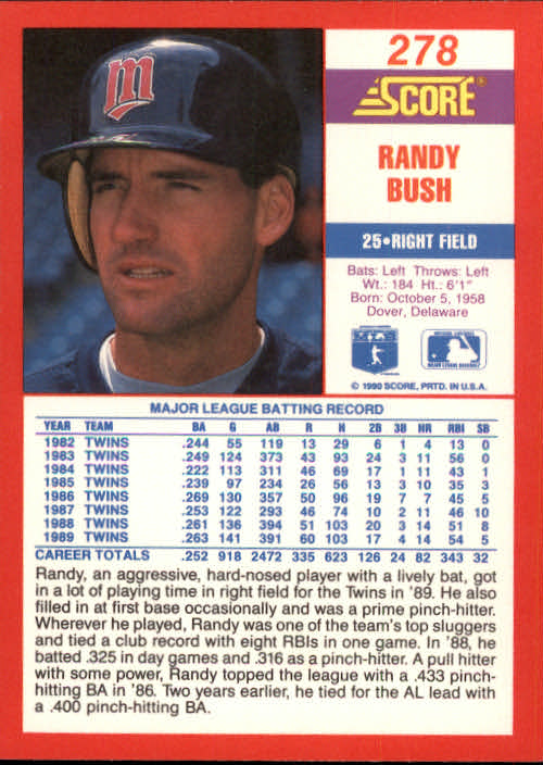 1990 Score #278 Randy Bush back image