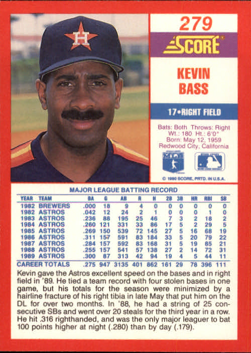 1990 Score #279 Kevin Bass back image
