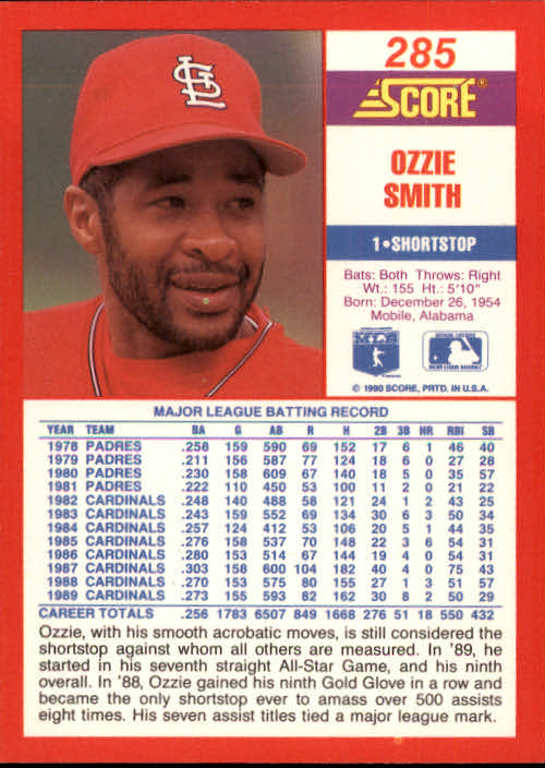 1990 Score #285 Ozzie Smith back image