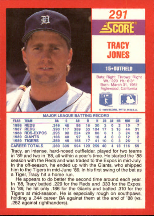 1990 Score #291 Tracy Jones back image