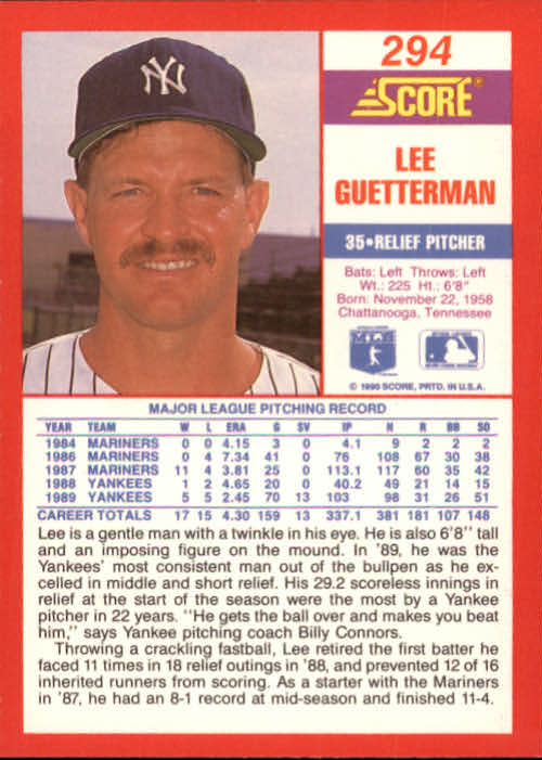 1990 Score #294 Lee Guetterman back image