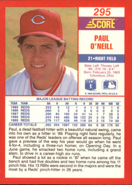 1990 Score #295 Paul O'Neill back image