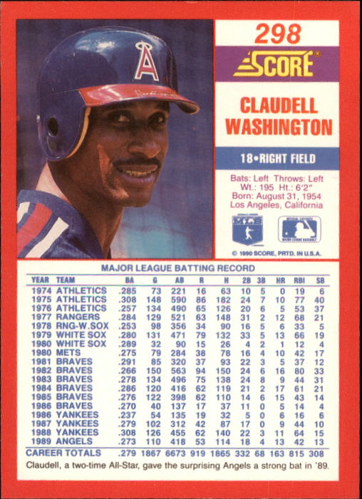 1990 Score #298 Claudell Washington back image