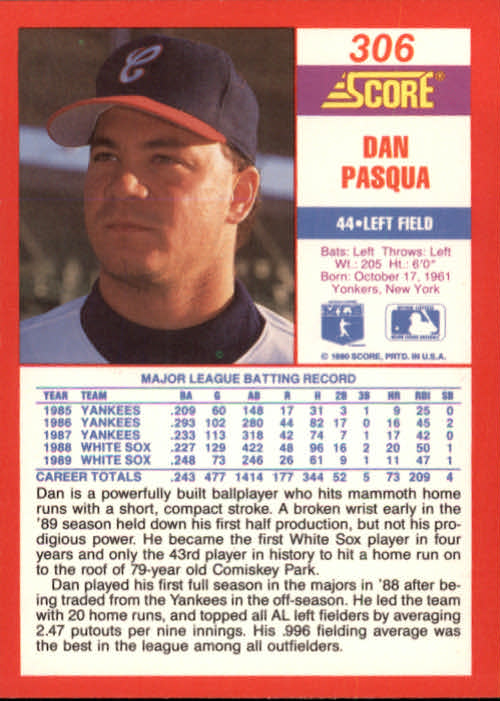 1990 Score #306 Dan Pasqua back image