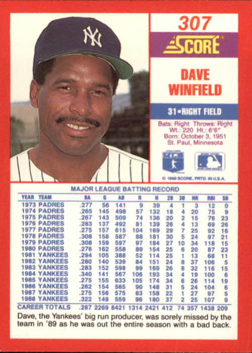 1990 Score #307 Dave Winfield back image