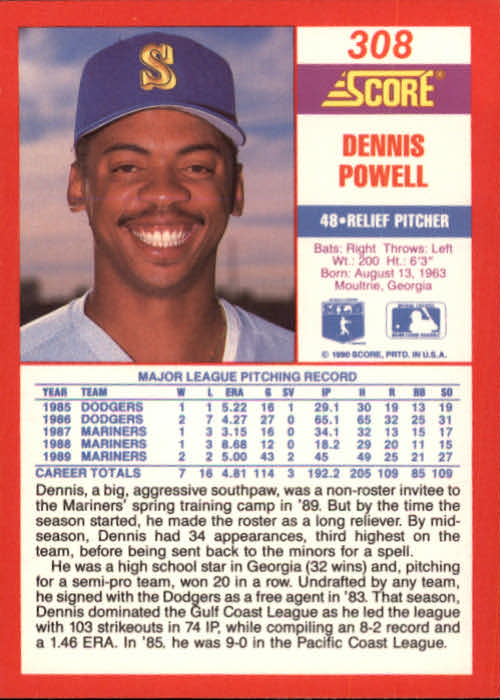 1990 Score #308 Dennis Powell back image