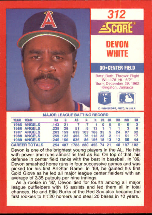 1990 Score #312 Devon White back image