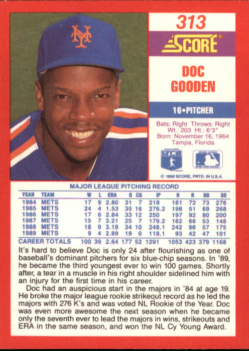 1990 Score #313 Dwight Gooden back image