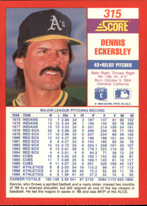 1990 Score #315 Dennis Eckersley back image