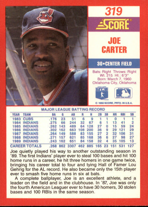 1990 Score #319 Joe Carter back image