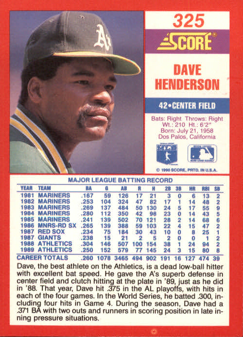 1990 Score #325 Dave Henderson back image
