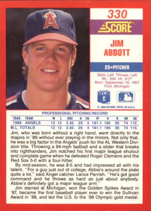 1990 Score #330 Jim Abbott back image