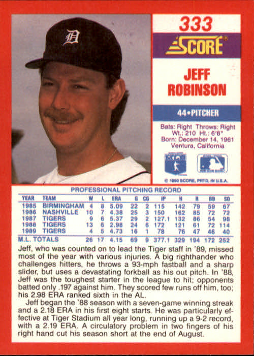 1990 Score #333 Jeff D. Robinson back image