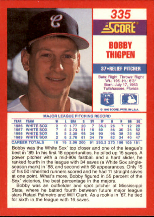 1990 Score #335 Bobby Thigpen back image
