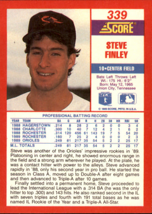 1990 Score #339 Steve Finley back image