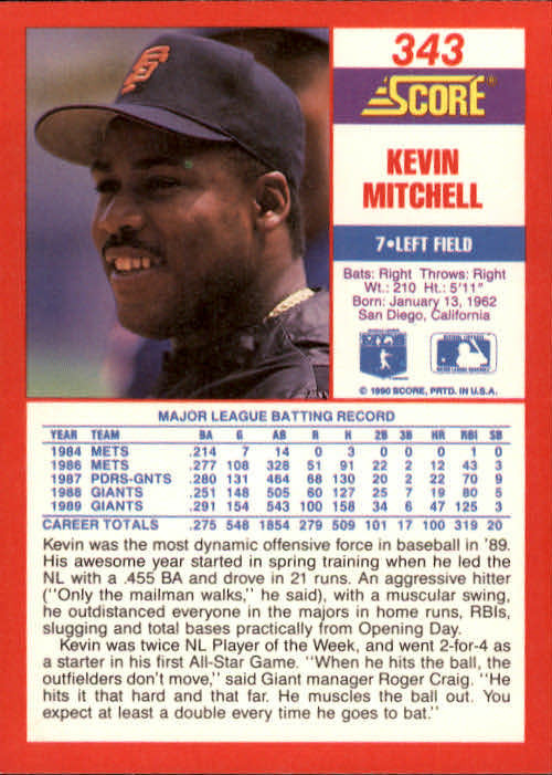1990 Score #343 Kevin Mitchell back image