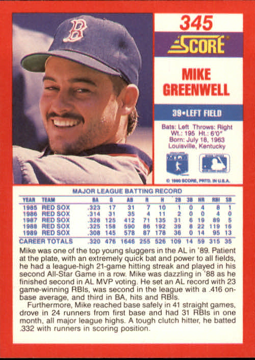 1990 Score #345 Mike Greenwell back image