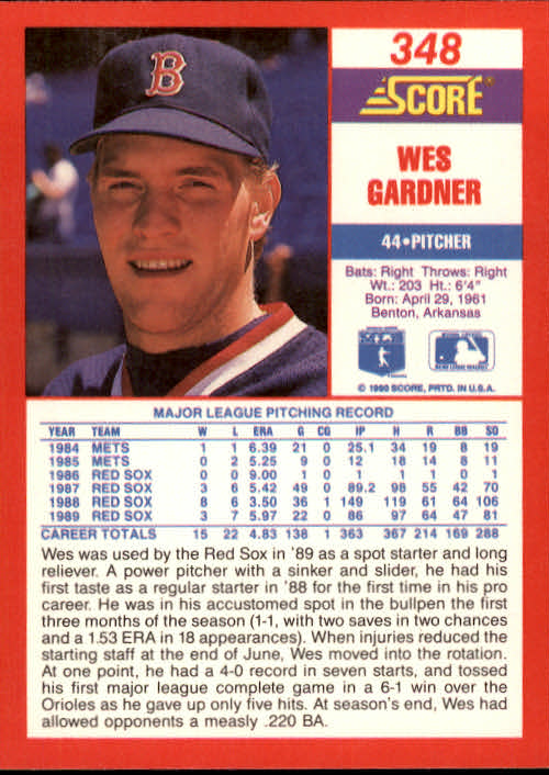 1990 Score #348 Wes Gardner back image