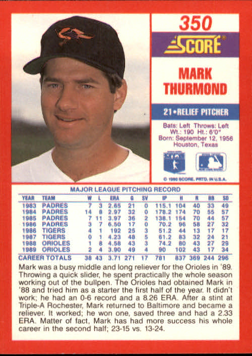 1990 Score #350 Mark Thurmond UER/ERA is 192,/should be 1.92 back image