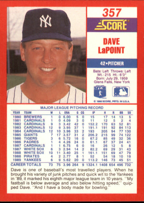 1990 Score #357 Dave LaPoint back image