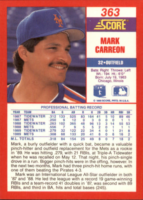 1990 Score #363 Mark Carreon back image