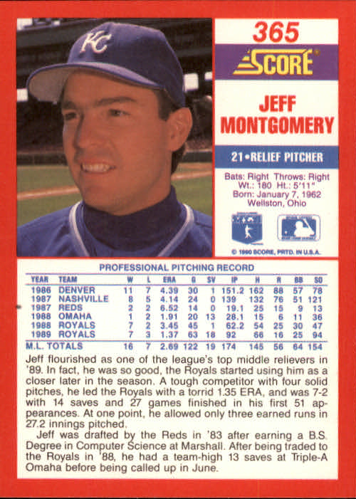 1990 Score #365 Jeff Montgomery back image