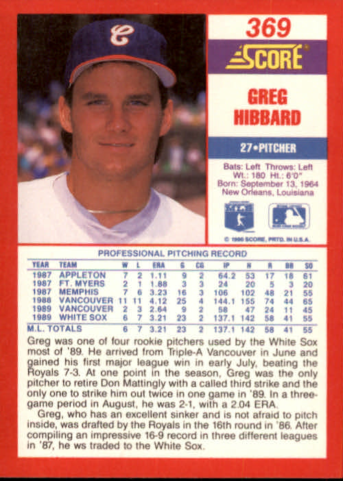1990 Score #369 Greg Hibbard RC back image