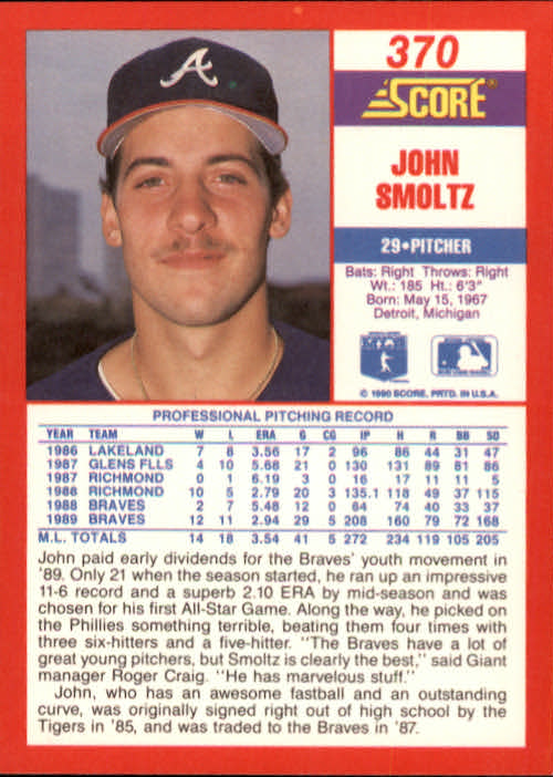 1990 Score #370 John Smoltz back image