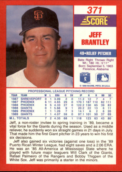 1990 Score #371 Jeff Brantley back image