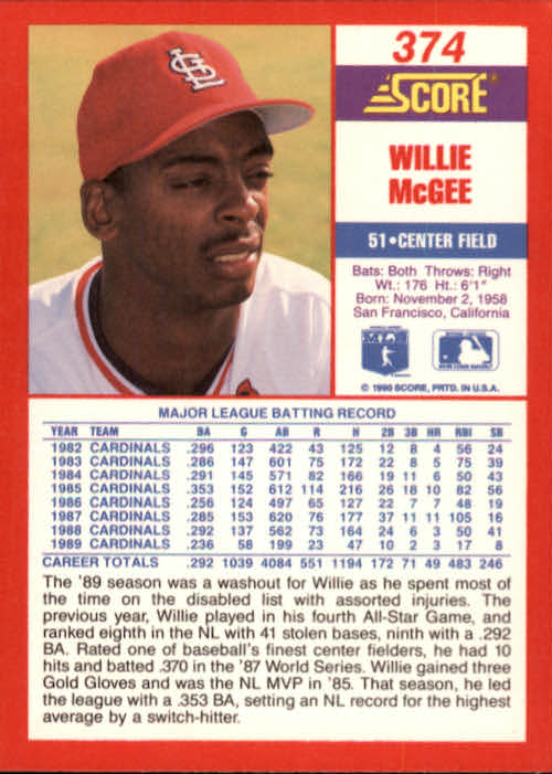 1990 Score #374 Willie McGee back image