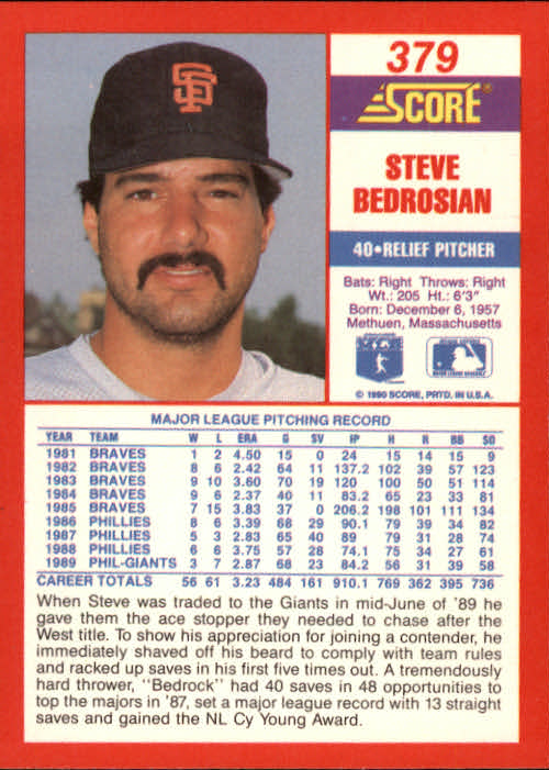 1990 Score #379 Steve Bedrosian back image