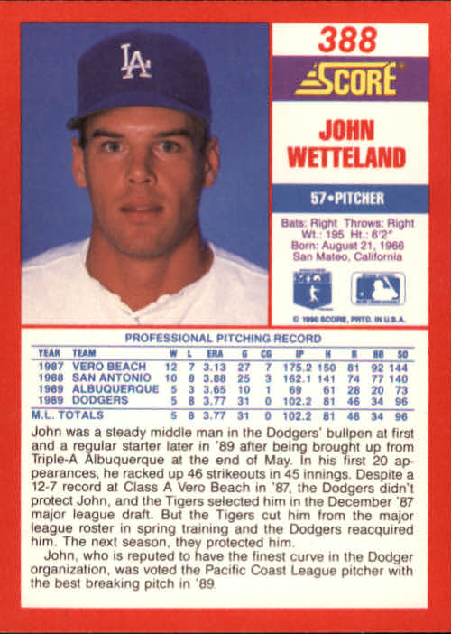 1990 Score #388 John Wetteland back image