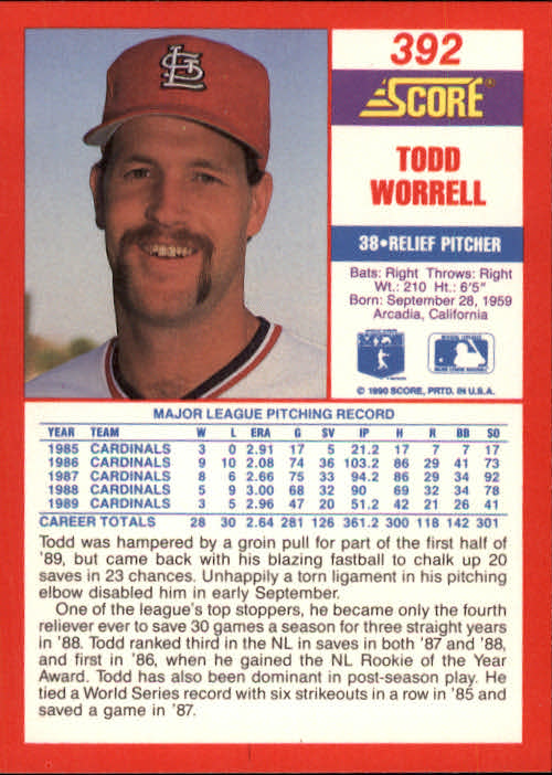 1990 Score #392 Todd Worrell back image