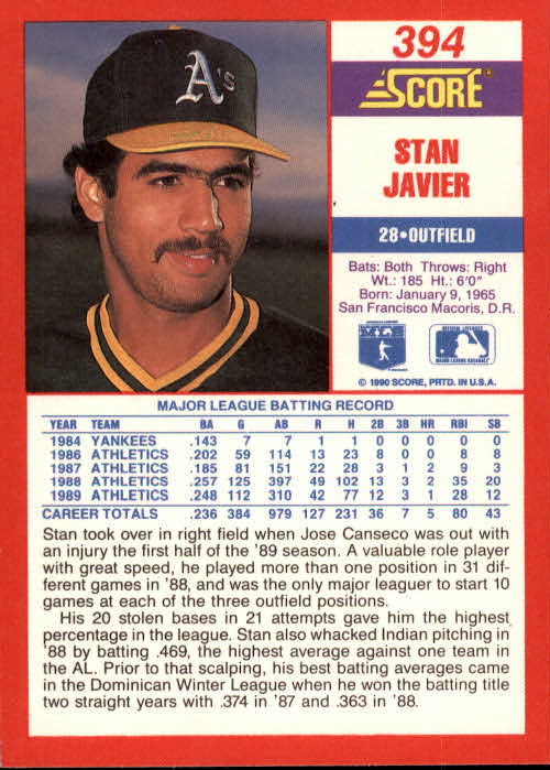 1990 Score #394 Stan Javier back image
