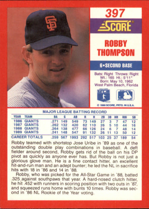 1990 Score #397 Robby Thompson back image
