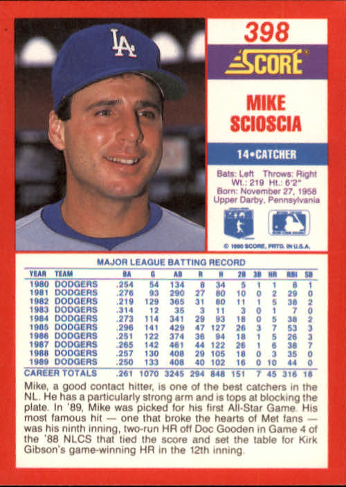 1990 Score #398 Mike Scioscia - Nm-mt - The Dugout Sportscards & Comics 