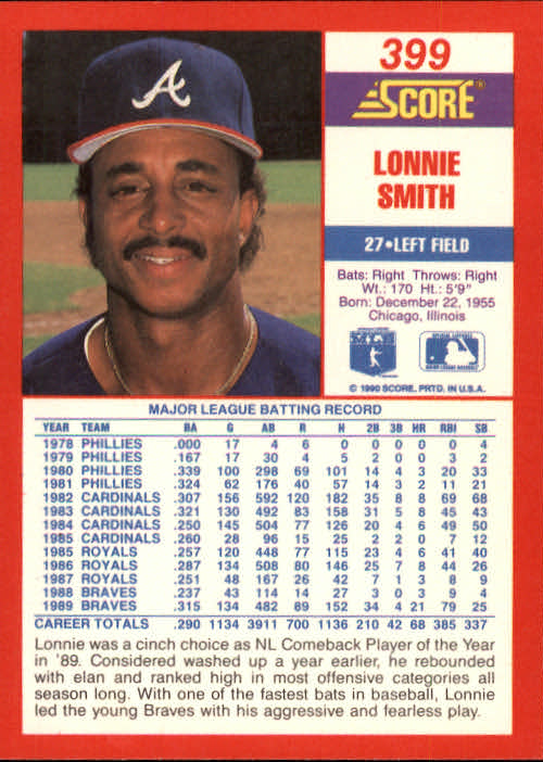 1990 Score #399 Lonnie Smith back image